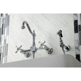 Heritage Double-Handle 3-Hole Wall-Mount Bridge Kitchen Faucet with Brass Sprayer