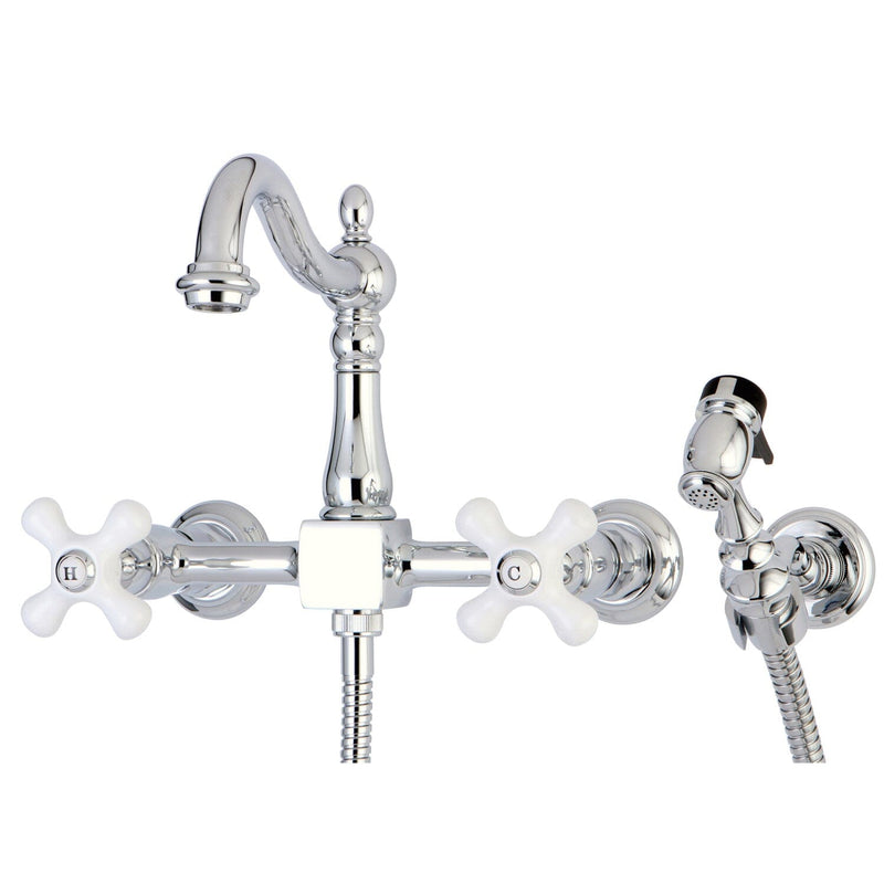 Heritage Double-Handle 3-Hole Wall-Mount Bridge Kitchen Faucet with Brass Sprayer