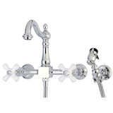 Heritage Double-Handle 3-Hole Wall-Mount Bridge Kitchen Faucet with Brass Sprayer