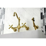 Heritage Double-Handle 3-Hole Wall-Mount Bridge Kitchen Faucet with Brass Sprayer