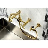 Heritage Double-Handle 3-Hole Wall-Mount Bridge Kitchen Faucet with Brass Sprayer