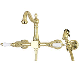 Heritage Double-Handle 3-Hole Wall-Mount Bridge Kitchen Faucet with Brass Sprayer