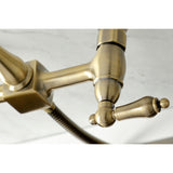 Heritage Double-Handle 3-Hole Wall-Mount Bridge Kitchen Faucet with Brass Sprayer
