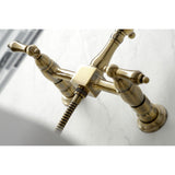 Heritage Double-Handle 3-Hole Wall-Mount Bridge Kitchen Faucet with Brass Sprayer