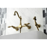Heritage Double-Handle 3-Hole Wall-Mount Bridge Kitchen Faucet with Brass Sprayer