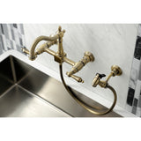 Heritage Double-Handle 3-Hole Wall-Mount Bridge Kitchen Faucet with Brass Sprayer