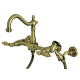 Heritage Double-Handle 3-Hole Wall-Mount Bridge Kitchen Faucet with Brass Sprayer