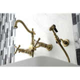 Heritage Double-Handle 3-Hole Wall-Mount Bridge Kitchen Faucet with Brass Sprayer