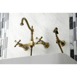 Heritage Double-Handle 3-Hole Wall-Mount Bridge Kitchen Faucet with Brass Sprayer