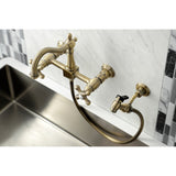 Heritage Double-Handle 3-Hole Wall-Mount Bridge Kitchen Faucet with Brass Sprayer