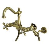 Heritage Double-Handle 3-Hole Wall-Mount Bridge Kitchen Faucet with Brass Sprayer