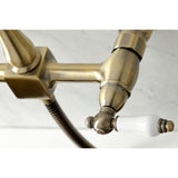 Heritage Double-Handle 3-Hole Wall-Mount Bridge Kitchen Faucet with Brass Sprayer