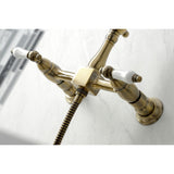 Heritage Double-Handle 3-Hole Wall-Mount Bridge Kitchen Faucet with Brass Sprayer