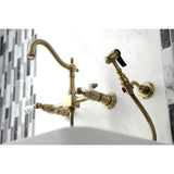 Heritage Double-Handle 3-Hole Wall-Mount Bridge Kitchen Faucet with Brass Sprayer