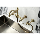 Heritage Double-Handle 3-Hole Wall-Mount Bridge Kitchen Faucet with Brass Sprayer