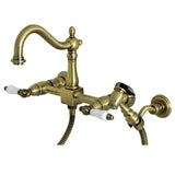 Heritage Double-Handle 3-Hole Wall-Mount Bridge Kitchen Faucet with Brass Sprayer