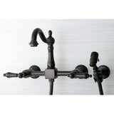 Heritage Double-Handle 3-Hole Wall-Mount Bridge Kitchen Faucet with Brass Sprayer