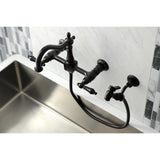 Heritage Double-Handle 3-Hole Wall-Mount Bridge Kitchen Faucet with Brass Sprayer