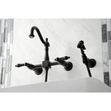 Heritage Double-Handle 3-Hole Wall-Mount Bridge Kitchen Faucet with Brass Sprayer