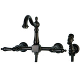 Heritage Double-Handle 3-Hole Wall-Mount Bridge Kitchen Faucet with Brass Sprayer