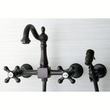 Heritage Double-Handle 3-Hole Wall-Mount Bridge Kitchen Faucet with Brass Sprayer