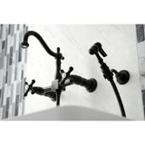 Heritage Double-Handle 3-Hole Wall-Mount Bridge Kitchen Faucet with Brass Sprayer