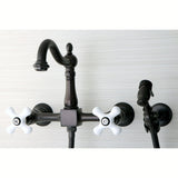 Heritage Double-Handle 3-Hole Wall-Mount Bridge Kitchen Faucet with Brass Sprayer