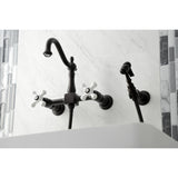 Heritage Double-Handle 3-Hole Wall-Mount Bridge Kitchen Faucet with Brass Sprayer