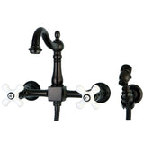 Heritage Double-Handle 3-Hole Wall-Mount Bridge Kitchen Faucet with Brass Sprayer