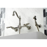Heritage Double-Handle 3-Hole Wall-Mount Bridge Kitchen Faucet with Brass Sprayer