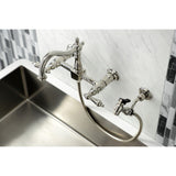 Heritage Double-Handle 3-Hole Wall-Mount Bridge Kitchen Faucet with Brass Sprayer
