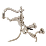 Heritage Double-Handle 3-Hole Wall-Mount Bridge Kitchen Faucet with Brass Sprayer