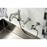 Heritage Double-Handle 3-Hole Wall-Mount Bridge Kitchen Faucet with Brass Sprayer