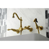 Heritage Double-Handle 3-Hole Wall-Mount Bridge Kitchen Faucet with Brass Sprayer