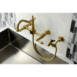 Heritage Double-Handle 3-Hole Wall-Mount Bridge Kitchen Faucet with Brass Sprayer