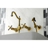 Heritage Double-Handle 3-Hole Wall-Mount Bridge Kitchen Faucet with Brass Sprayer