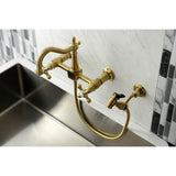 Heritage Double-Handle 3-Hole Wall-Mount Bridge Kitchen Faucet with Brass Sprayer