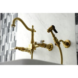 Heritage Double-Handle 3-Hole Wall-Mount Bridge Kitchen Faucet with Brass Sprayer