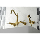 Heritage Double-Handle 3-Hole Wall-Mount Bridge Kitchen Faucet with Brass Sprayer