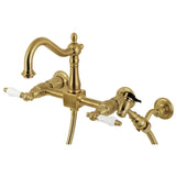 Heritage Double-Handle 3-Hole Wall-Mount Bridge Kitchen Faucet with Brass Sprayer