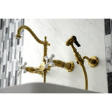 Heritage Double-Handle 3-Hole Wall-Mount Bridge Kitchen Faucet with Brass Sprayer