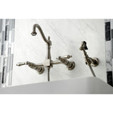 Heritage Double-Handle 3-Hole Wall-Mount Bridge Kitchen Faucet with Brass Sprayer