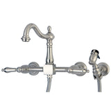 Heritage Double-Handle 3-Hole Wall-Mount Bridge Kitchen Faucet with Brass Sprayer
