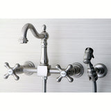 Heritage Double-Handle 3-Hole Wall-Mount Bridge Kitchen Faucet with Brass Sprayer