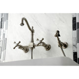 Heritage Double-Handle 3-Hole Wall-Mount Bridge Kitchen Faucet with Brass Sprayer