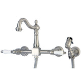 Heritage Double-Handle 3-Hole Wall-Mount Bridge Kitchen Faucet with Brass Sprayer