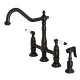 Heritage Two-Handle 4-Hole Deck Mount Bridge Kitchen Faucet with Brass Sprayer