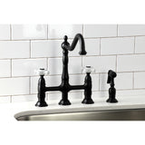 Heritage Two-Handle 4-Hole Deck Mount Bridge Kitchen Faucet with Brass Sprayer