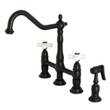 Heritage Two-Handle 4-Hole Deck Mount Bridge Kitchen Faucet with Brass Sprayer