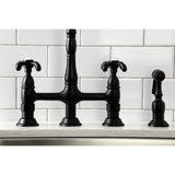 French Country Double-Handle 4-Hole Deck Mount Bridge Kitchen Faucet with Brass Sprayer